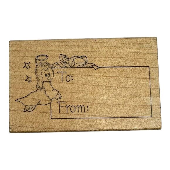 Great Impressions Christmas Holiday Angel Stars To From Label Wood Rubber Stamp - Picture 1 of 6